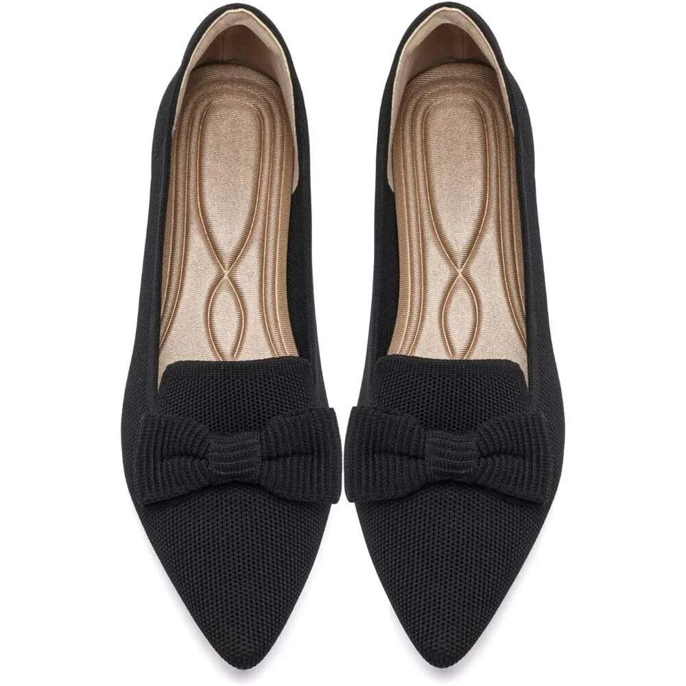 Women Black Pointed Toe Dressy Comfortable Knit Breathable Mesh Ballet Flats